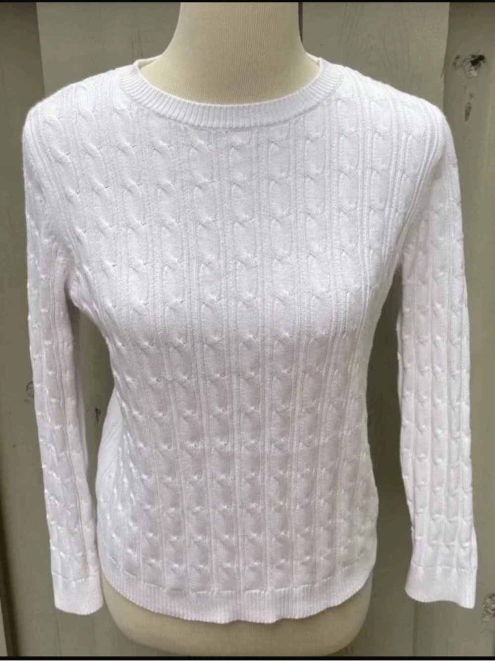 Kate Hill White Cable Knit Crewneck Sweater